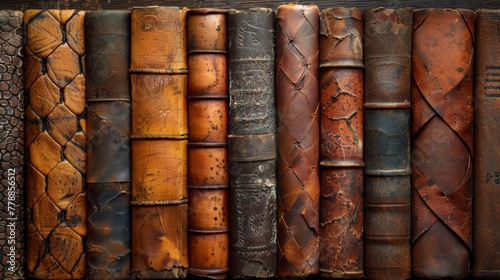 Vintage leather book spines on shelf photo
