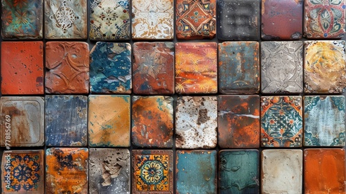 Colorful assortment of aged ceramic tiles with various intricate designs