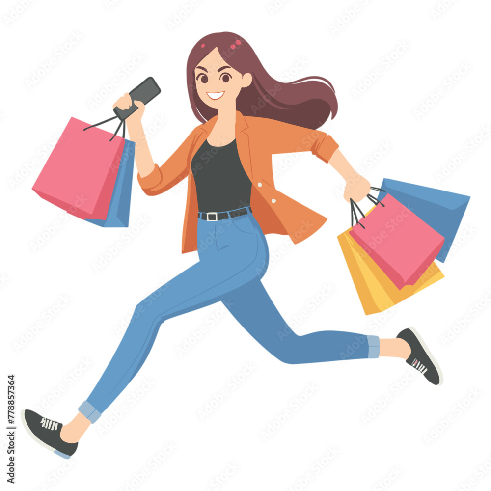 vector Happy Woman running with shopping bag vector Happy Woman running with shopping bag