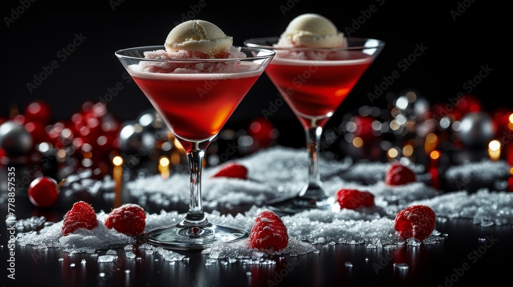 Two martinis with ice cream and raspberries rest on a Christmas-decorated table beneath lit candles Two martinis with ice cream and raspberries rest on a Christmas-decorated table beneath lit candles