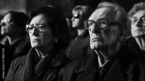A group of senior citizens with solemn expressions looks upward, captured in monochrome tones.