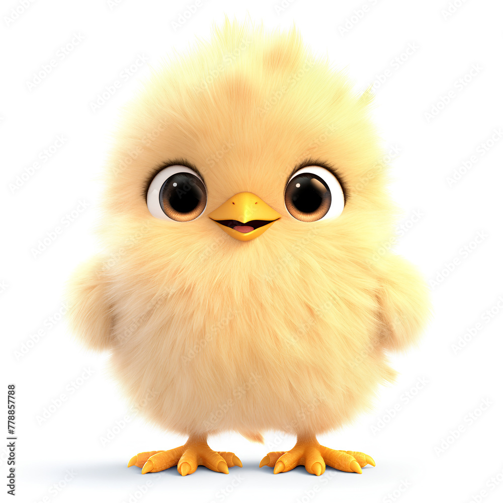 Obraz premium Fluffy Yellow Chick, Innocent Expression, Standing Alone, Bright Yellow Background