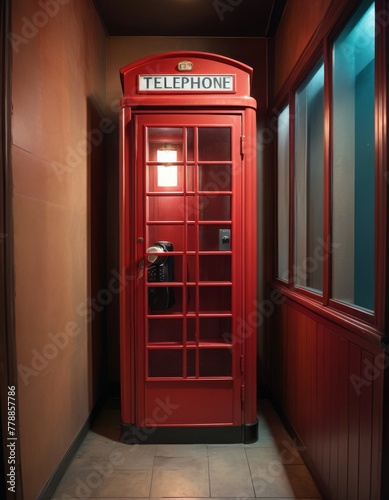 A quintessential British red phone booth stands in a dimly lit indoor corridor, providing a nostalgic and iconic cultural touch