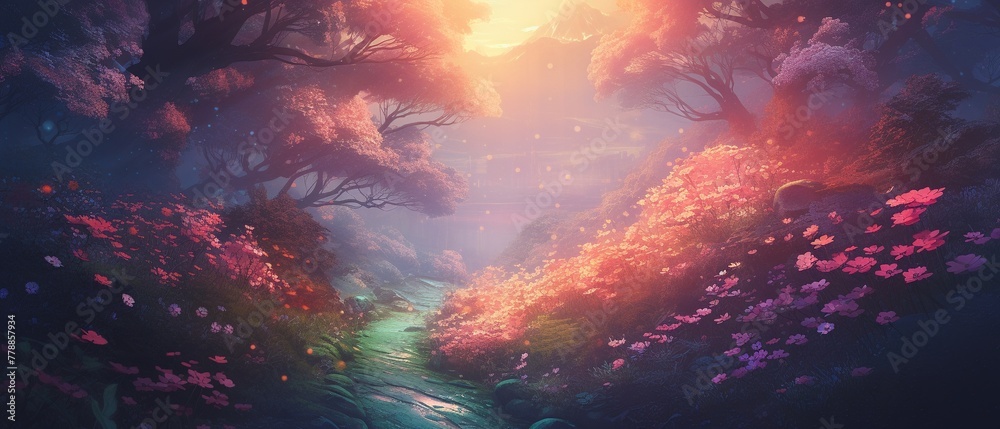 A forest with pink flowers and trees