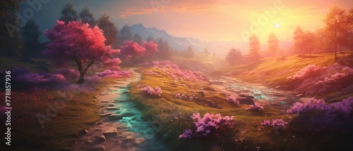 A beautiful landscape with a path leading through a field of flowers
