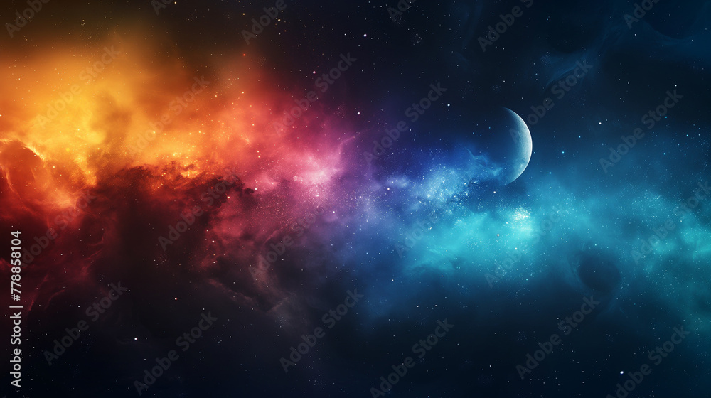 Fototapeta premium Blend alchemical symbols (sun, moon, planets) with cosmic dust. Picture an alchemist’s laboratory in the heart of a nebula, where transformation occurs. Colorful. Vibrant.