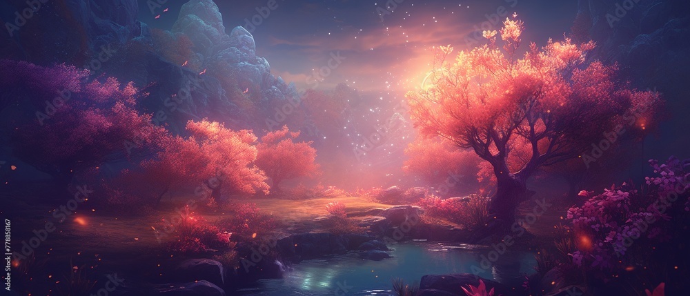 A beautiful forest scene with a pink and orange sky