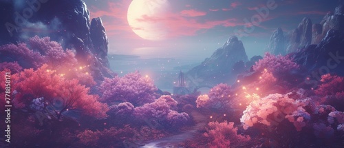 A beautiful pink and purple landscape with a large moon in the sky