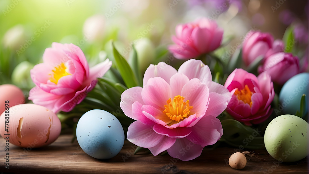Bright and inviting, this spring scene features colorful tulips and painted Easter eggs, capturing the joy and festivity of the season Bright and inviting, this spring scene features colorful tulips and painted Easter eggs, capturing the joy and festivity of the season