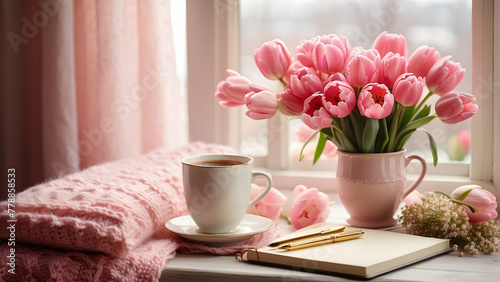 A warm and inviting scene with close-up of tulips by the window and coffee cup suggesting a calm spring morning