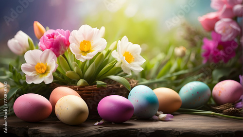 A rustic basket filled with painted Easter eggs and surrounded by beautiful spring flowers on a wooden surface