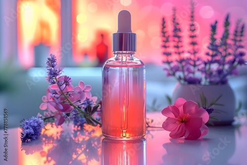 Perfume Bottle Next to Flowers on Table