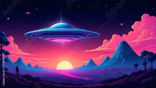 Cyberspace Landscape with Stunning hovering UFOs, vibrant Mix of Colors, Majestic Mountains
