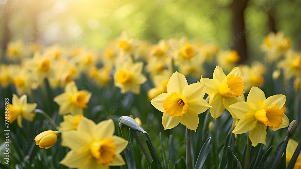 A bright and sunny field of yellow daffodils basking in the spring sunshine, highlighting the beauty and vibrancy of springtime A bright and sunny field of yellow daffodils basking in the spring sunshine, highlighting the beauty and vibrancy of springtime