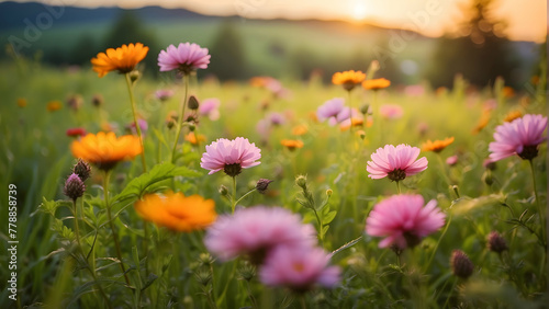 A field of wildflowers captivates with their array, bathed in the golden light of a spring sunset, evoking warmth