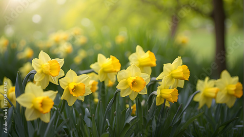 Rich yellow daffodils bask in the warmth of spring sun, their vivid petals contrast against the lush green background in this splendid shot