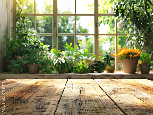 Serene morning view through window with indoor plants.