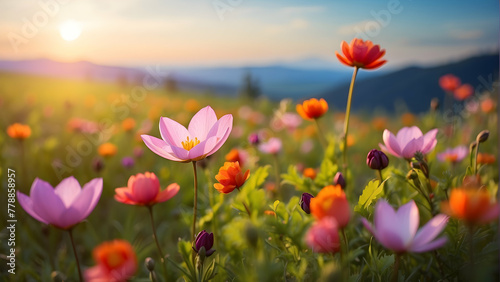 Capturing the breathtaking beauty of spring  this image showcases vivid flowers blooming against a mountainous backdrop at sunset