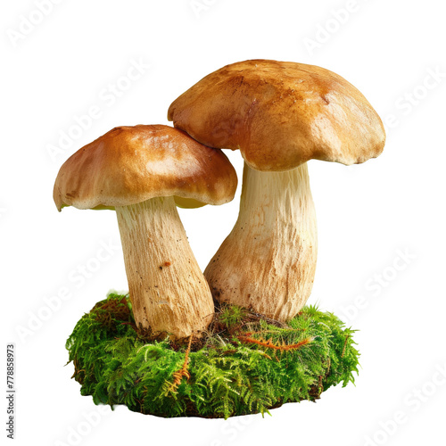 Two mushrooms on mossy surface