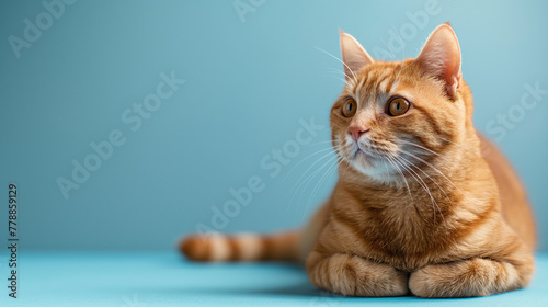 red adult cat lies and looks to the side, space for text, blue background photo