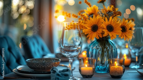   Vase with yellow sunflowers atop table  water in glasses nearby