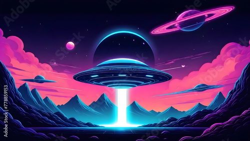 Cyberspace Landscape with Stunning hovering UFOs  vibrant Mix of Colors  Majestic Mountains