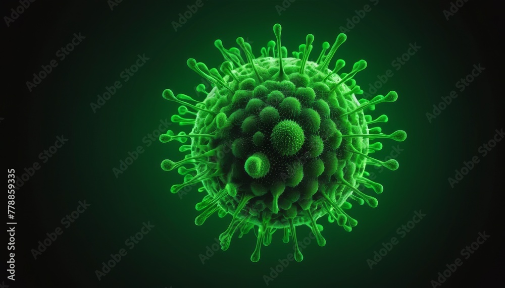 Computer-generated image of a spherical virus with detailed surface structures, rendered in green against a dark background, suitable for scientific use.