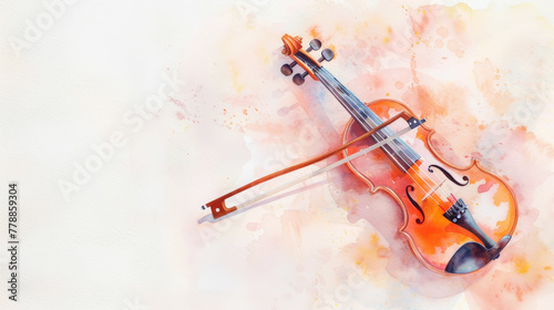 Aesthetic watercolor delicate drawing of violin on light clean background. Musical concept. Copy space. Generative AI