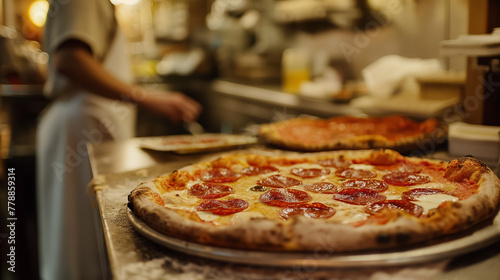 A freshly baked pepperoni pizza sits on a counter in a commercial kitchen setting  ready to be served.