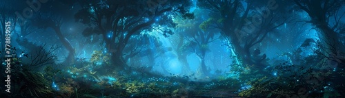 Bioluminescent forest on an exoplanet with floating spores and giant flora