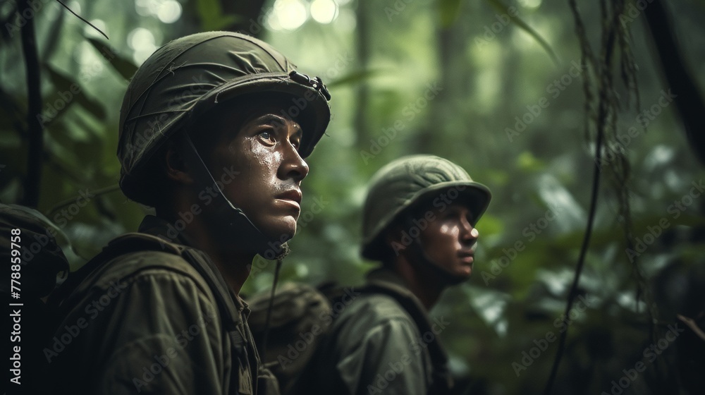 Two soldiers stand alert amidst dense foliage, their expressions intense and focused under the shadowy canopy.