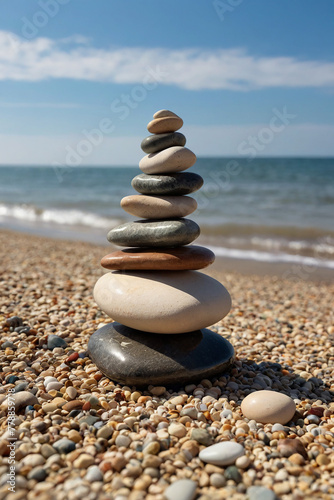 Pyramid of pebbles on the beach. Zen concept.