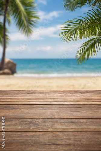 Wooden deck table top on tropical beach with palm tree and sea background