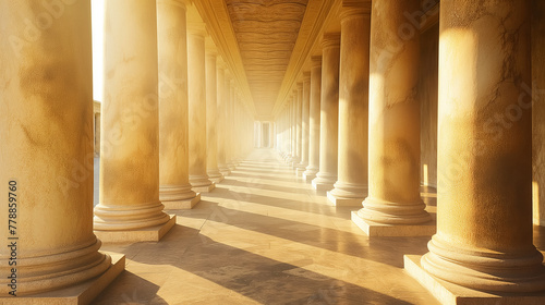 Golden sunlight bathes a corridor of classical columns  creating a pattern of light and shadow on the floor.