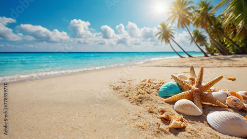 Starfish and seashells on tropical beach with turquoise water