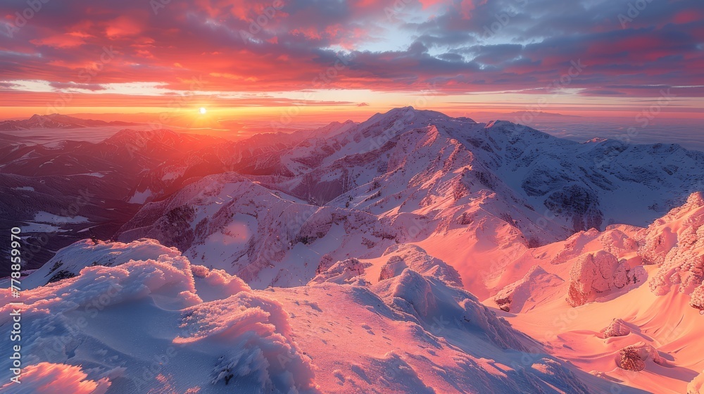   The sun is setting over the snow-covered mountains in the foreground, while a snow-capped mountain range is visible in the distance