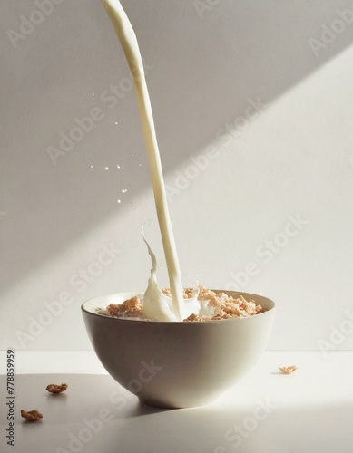 A high-speed photo of milk being poured into a bowl of cereal, capturing the dynamic splash, set against a clean, white background for a striking contrast