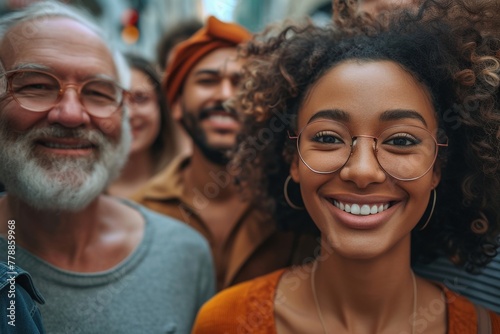 Diverse group of smiling individuals looking at camera, one person wearing glasses, happy and engaged in social interaction