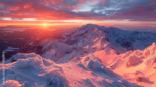  The sun is setting over the snow-covered mountains in the foreground, while a snow-capped mountain range is visible in the distance