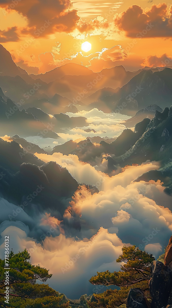 
A beautiful sunrise over the mountains, with a foggy valley below in the golden light. The scene is cinematic, with hyper realistic style. --ar 9:16 --style raw --stylize 750