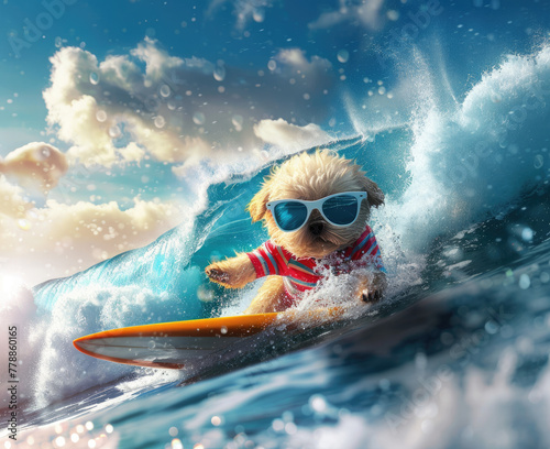 a studio shot of A Imagine a small furry friend with cool shades and beach attire skillfully surfing on a giant wave on a sunny day photo