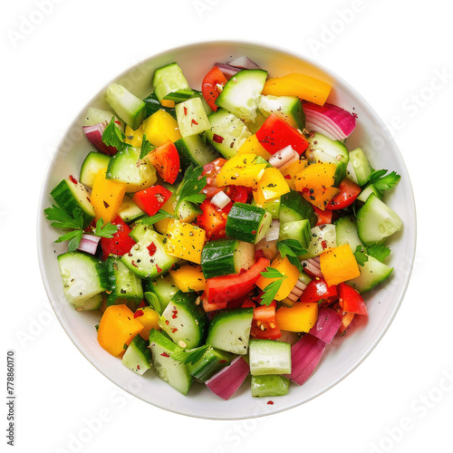 A bowl of fresh salad with cucumbers, tomatoes, and onions