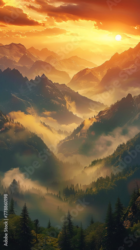  A beautiful sunrise over the mountains, with a foggy valley below in the golden light. The scene is cinematic, with hyper realistic style. --ar 9:16 --style raw --stylize 750