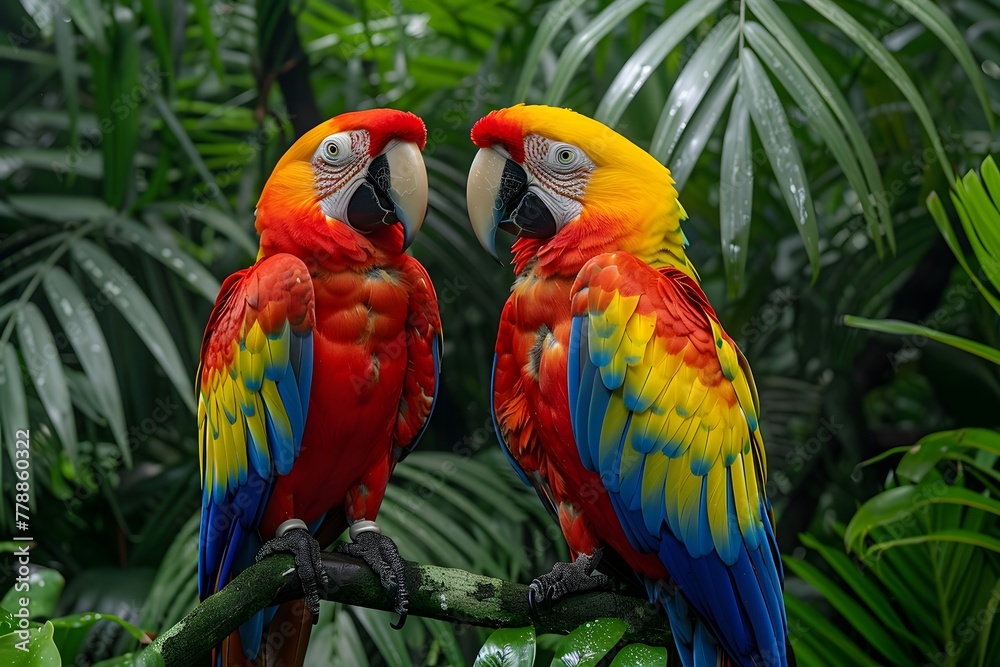 Two Colorful Parrots Sitting on a Branch