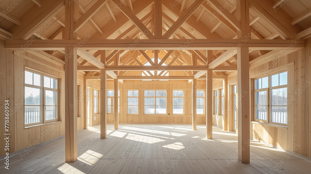 New house under construction. Wooden frame with truss, post and beams. Manufacture of houses made of wood. New house under construction. Wooden frame with truss, post and beams. Manufacture of houses made of wood.