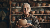 An elderly potter with glasses and a smock stands against a pottery studio background