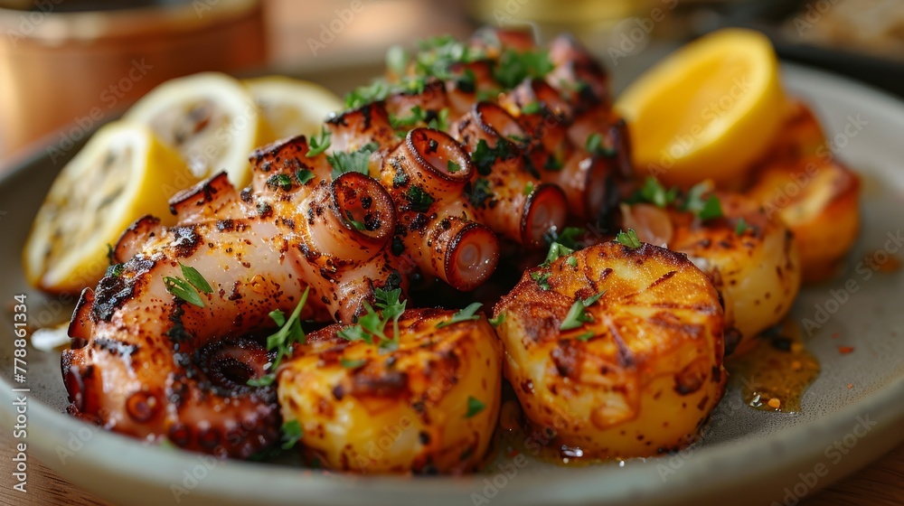 A wooden table adorned with a plate of succulent grilled scallops, accompanied by zesty lemon wedges and elegant garnishes A wooden table adorned with a plate of succulent grilled scallops, accompanied by zesty lemon wedges and elegant garnishes