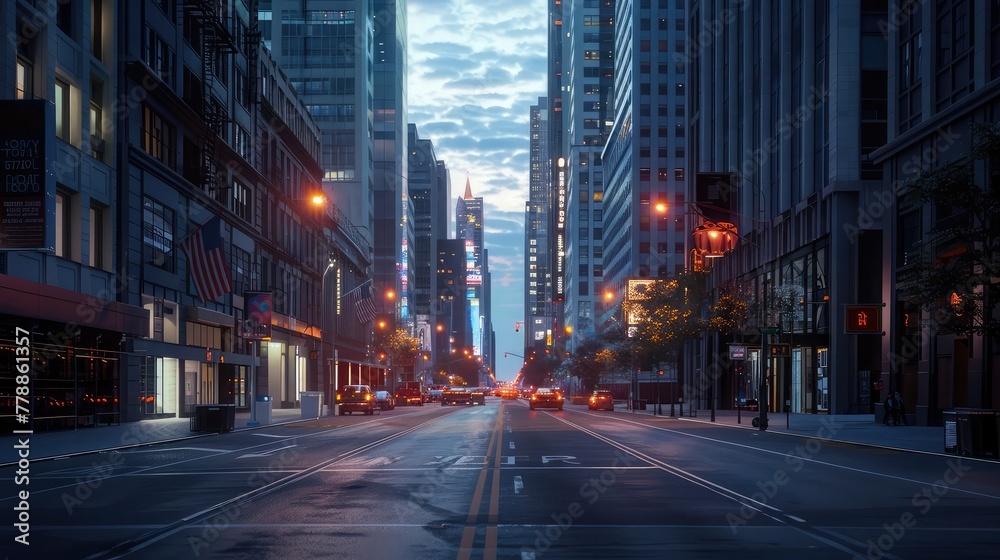 A city street at dusk, with the last light of the sun illuminating the buildings and the stars just beginning to appear in the sky,