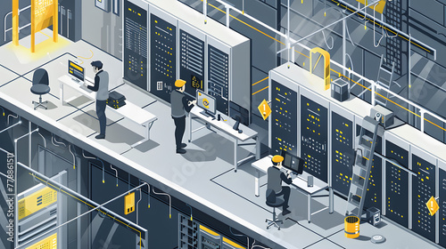 An isometric illustration of network engineers configuring networks in a server room photo