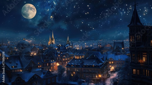 A cityscape at night, with the stars and the moon illuminating the buildings and creating a magical atmosphere,